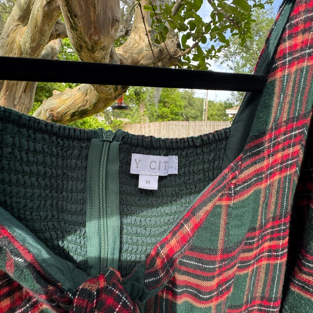 Ivy City Co Asymmetrical Dress in Green and Red Plaid